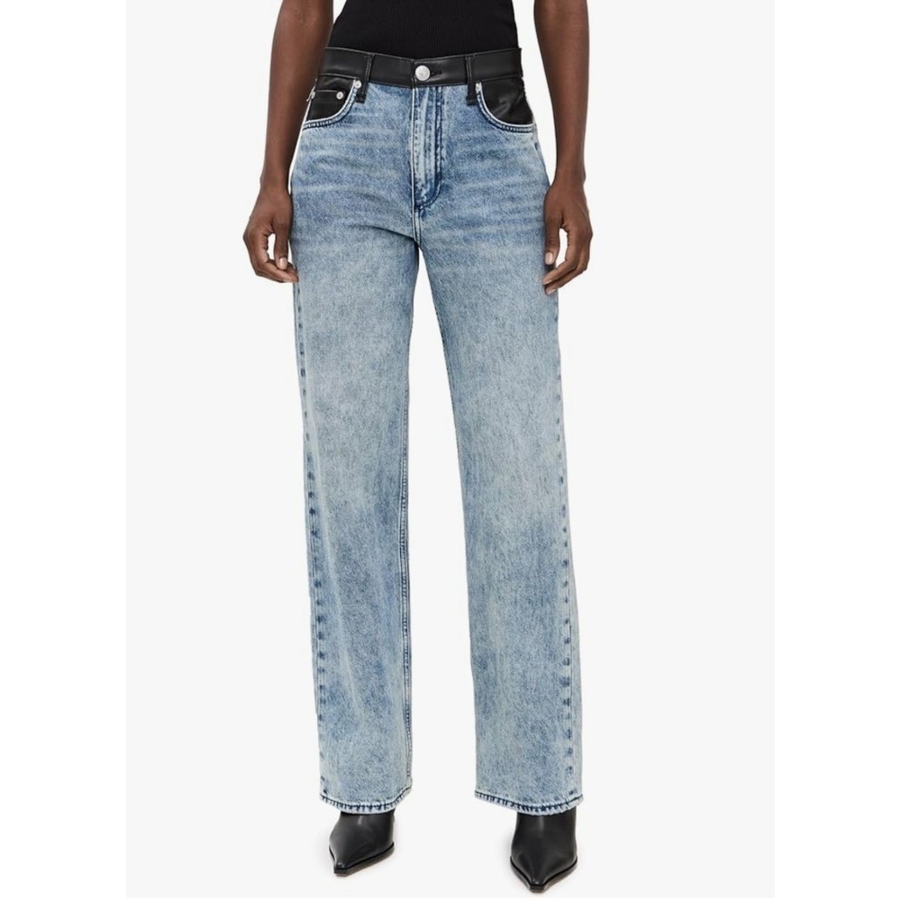 Rag & Bone Shea High Rise Straight Jeans Leather Waist Acid Wash 26